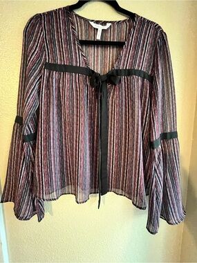 BCBGeneration Multistripe Tie-Front Sheer Blouse in Burgundy, Black & White